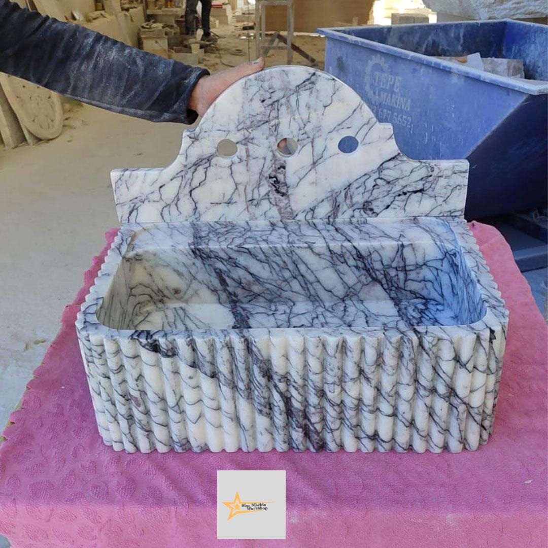 Calacatta Lilac Rectangular Sink, Sink With Faucet Hole Farmhouse Sink Powder Room Sink Calacatta Sink Hand Carved Marble Sink Washbasin