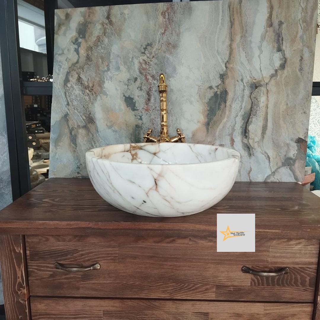 Ready to Ship Gold Calacatta Round Sink Counter Top Sink Toilet Room Sink Calacatta Sink Hand Carved Marble Sink Marble Sink Sink vanity