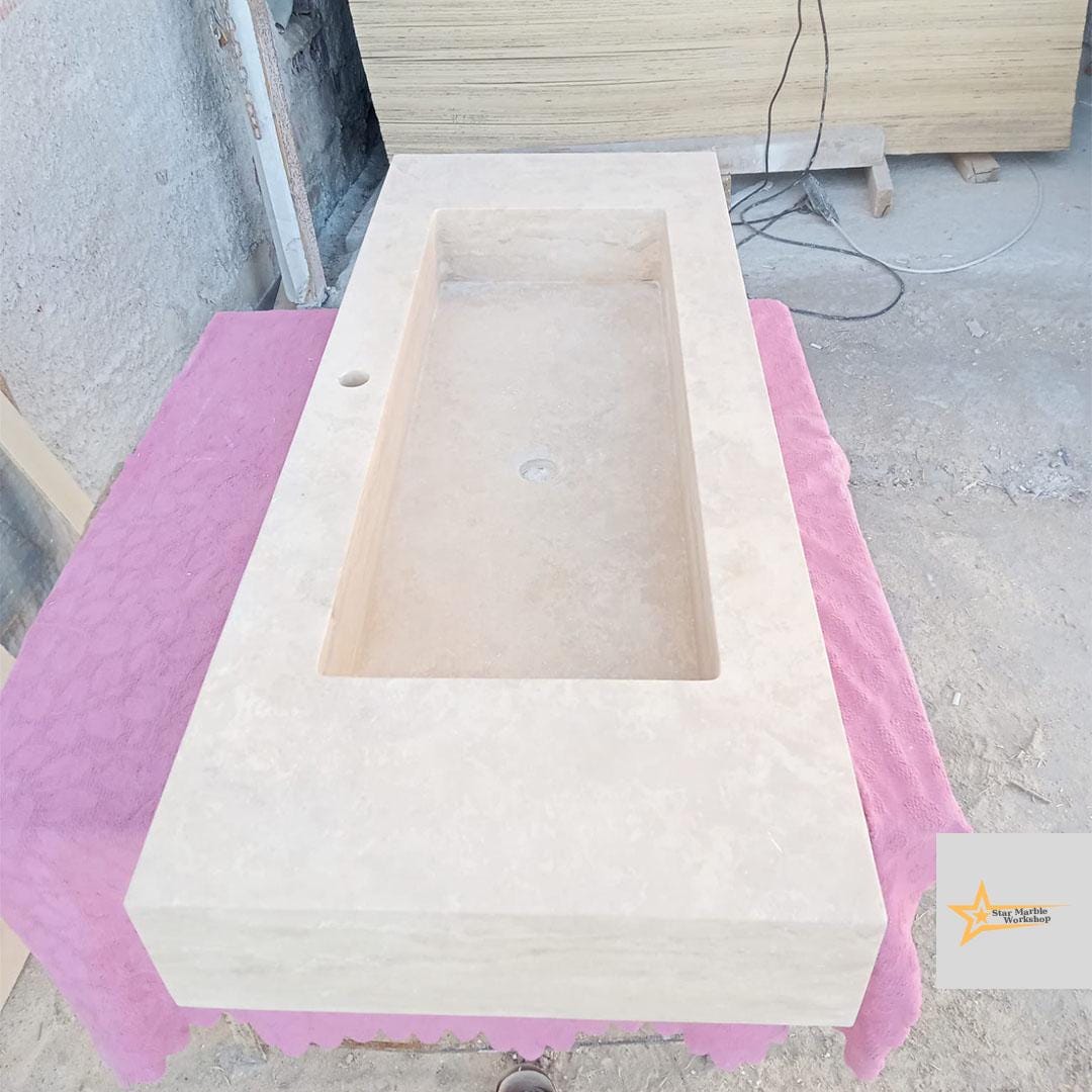 Ready to Ship TSink with Shelf Farmhouse Sink Powder Room Sink  Hand Carved Marble Sink Bathroom Sink natural stone sink  With Faucet Hole
