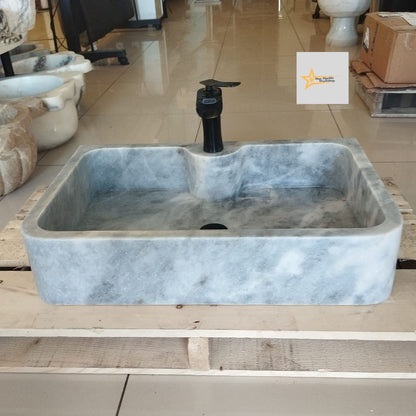 Ready to Ship Gray White Marble Sink Calacatta Viola Marble Sink Farmhouse Sink Powder Room Sink Hand Carved Marble with Faucet Holes
