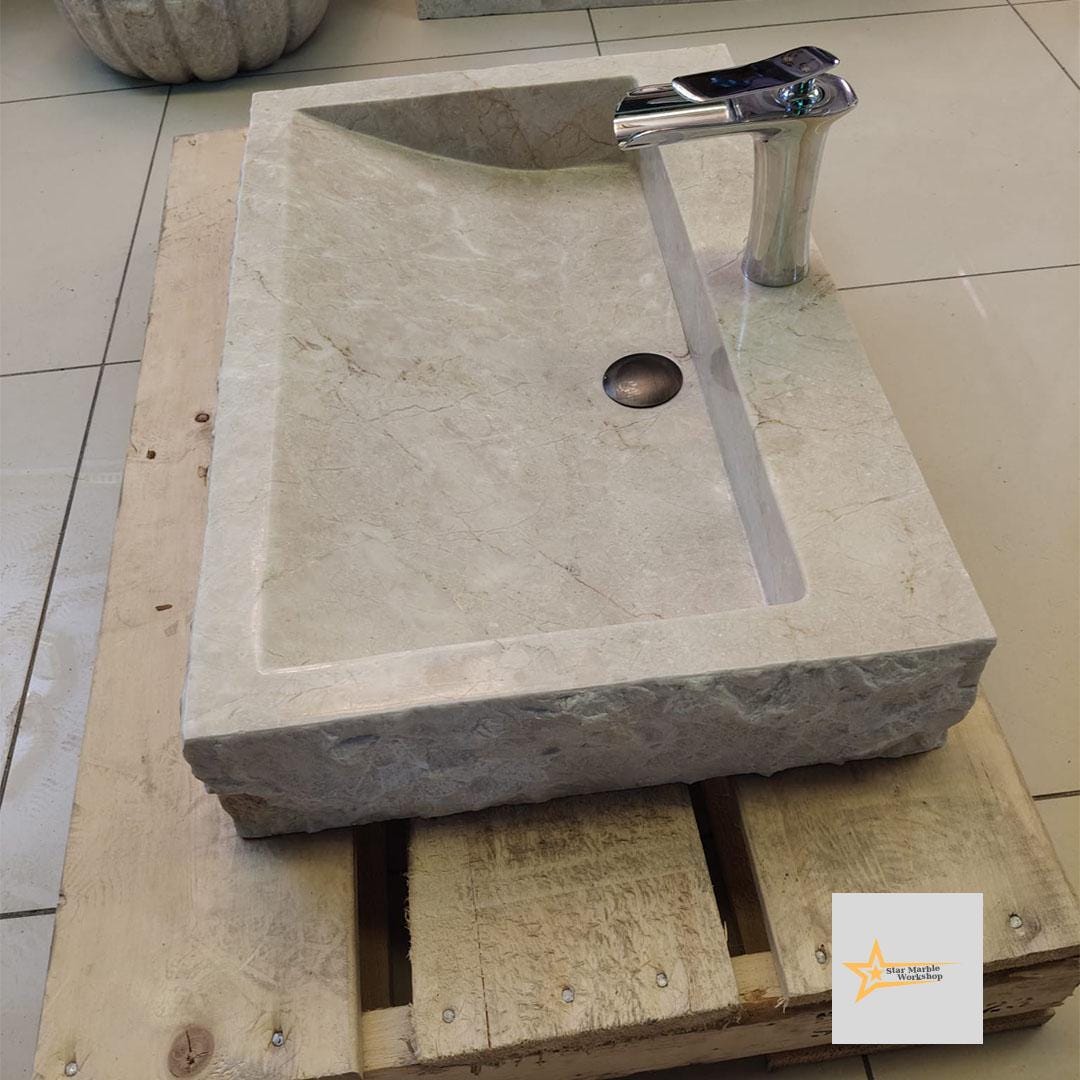 Ready to Ship Beige Marble Sink Rectangular Sink Farmhouse Sink Toilet Room Sink Hand Carved Marble Sink Faucet Hole Sink Wall Mounted Sink