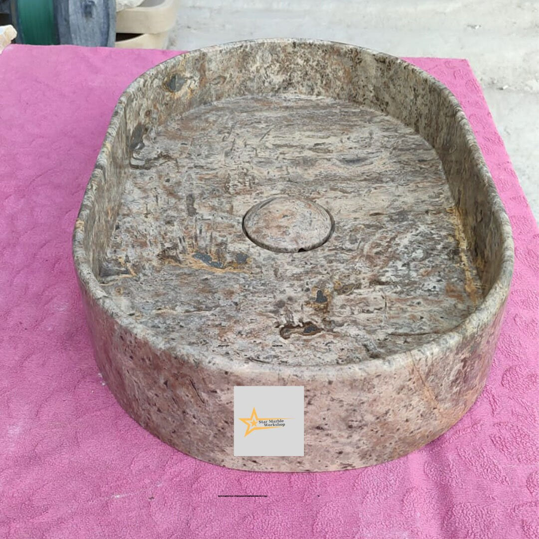 Ready to Ship Silver Travertine Sink Sink with Concealed Drain Wall Mounted Sink Oval Sink  Marble Washbasin  Hand Carved Marble Sink