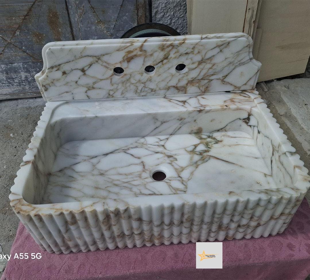 Calacatta Gold Rectangular Sink Wall Mounted Sink Powder Room Sink Calacatta Sink  Hand Carved Marble Sink Marble Washbasin