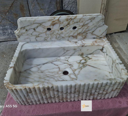 Calacatta Gold Rectangular Sink Wall Mounted Sink Powder Room Sink Calacatta Sink  Hand Carved Marble Sink Marble Washbasin