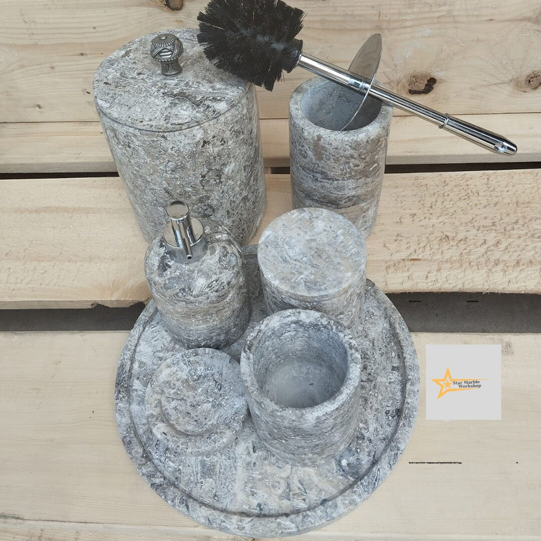 Ready to ship silver travertine bathroom set Luxury bathroom Marble bathroom set 7 piece bathroom design set