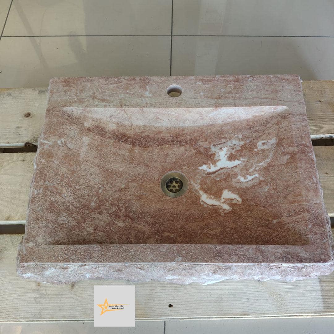 Ready to Ship Red Travertine Sink Farmhouse Sink Powder Room Sink Hand Carved Marble Sink Bathroom Sink Natural Stone With Faucet Hole