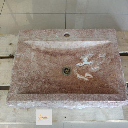 Ready to Ship Red Travertine Sink Farmhouse Sink Powder Room Sink Hand Carved Marble Sink Bathroom Sink Natural Stone With Faucet Hole