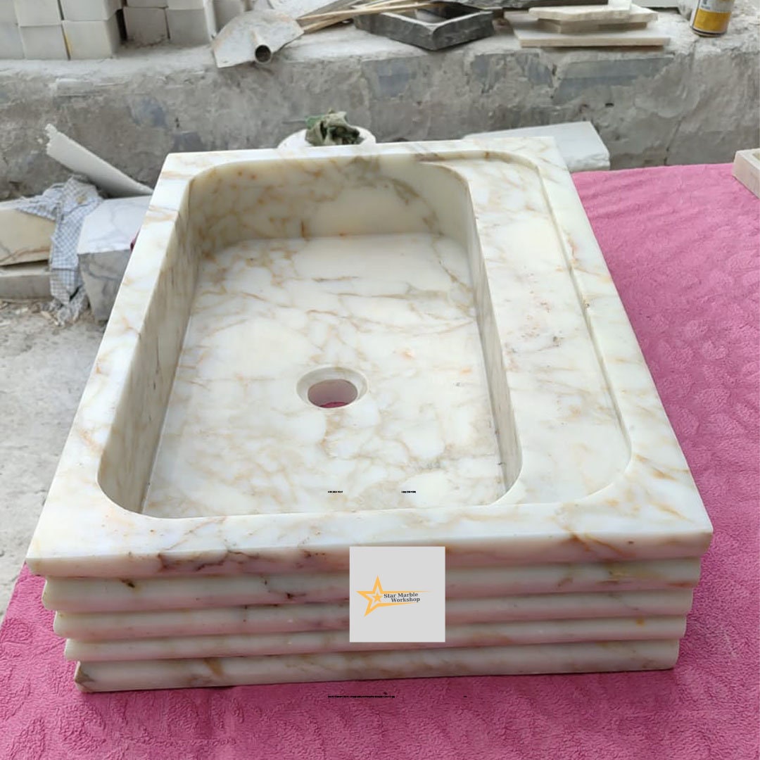 Ready To Ship Calacatta Gold Rectangular Sink Wall Mounted Sink Powder Room Sink Calacatta Sink  Hand Carved Marble Sink Marble Washbasin
