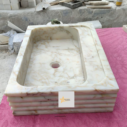 Ready To Ship Calacatta Gold Rectangular Sink Wall Mounted Sink Powder Room Sink Calacatta Sink  Hand Carved Marble Sink Marble Washbasin