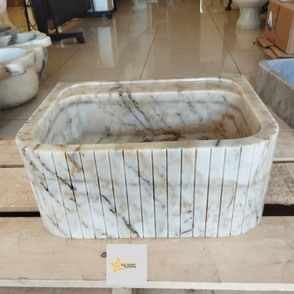 Ready To Ship Calacatta Gold Rectangular Sink Wall Mounted Sink Powder Room Sink Calacatta Sink  Hand Carved Marble Sink Marble Washbasin