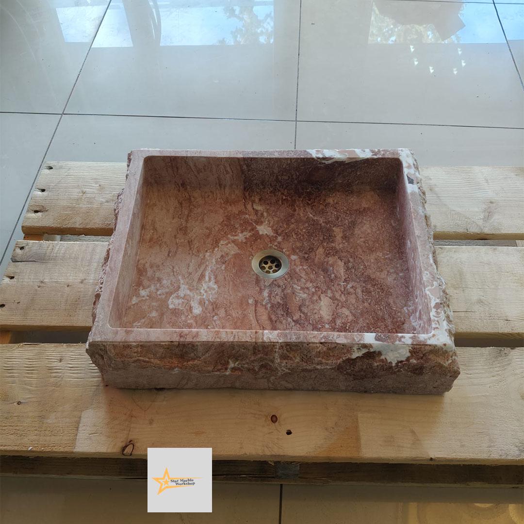 Ready to Ship Red Travertine Sink Farmhouse Sink Powder Room Sink Hand Carved Marble Sink Bathroom Sink Natural Stone With Faucet Hole