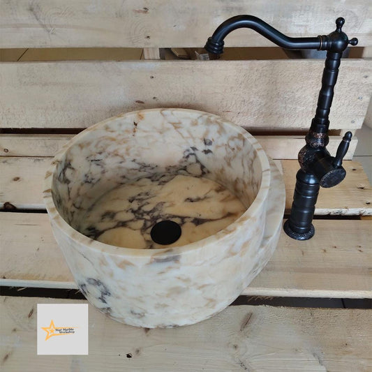 Hand Carved Calacatta Gold Marble Sink: Round Bathroom Vessel
