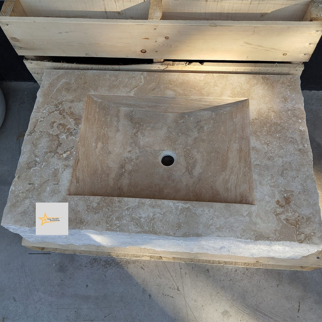 Ready to Ship Travertine  Sink Wall Mounted Sink Farmhouse Sink Powder Room Sink  Hand Carved Marble Sink Bathroom Sink natural stone sink