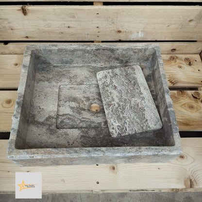 Ready to Ship Silver Travertine Sink Sink with Concealed Drain  Farmhouse Sink Powder Room Sink  Hand Carved Marble Sink Bathroom Sink