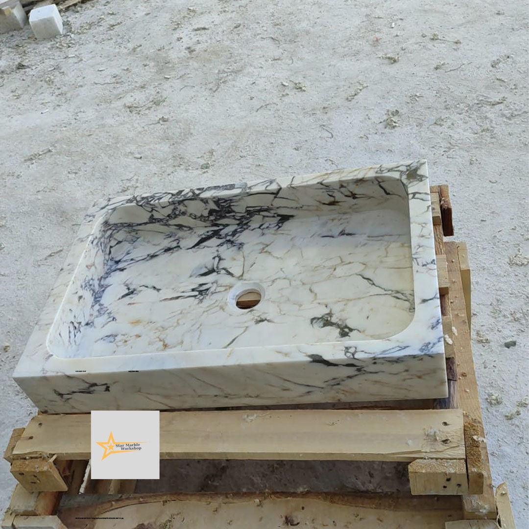 Ready to Ship Calacatta Viola Marble Sink Counter Top Sink Farmhouse Sink Powder Room Sink Calacatta Sink Hand Carved Marble Sink