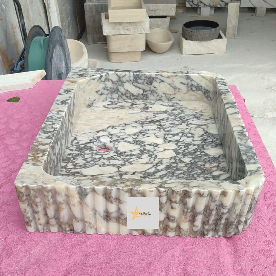 Ready To Ship Calacatta Viola Marble Sink Wall Mounted Sink Farmhouse Sink Powder Room Sink Calacatta Sink  Hand Carved Marble Sink