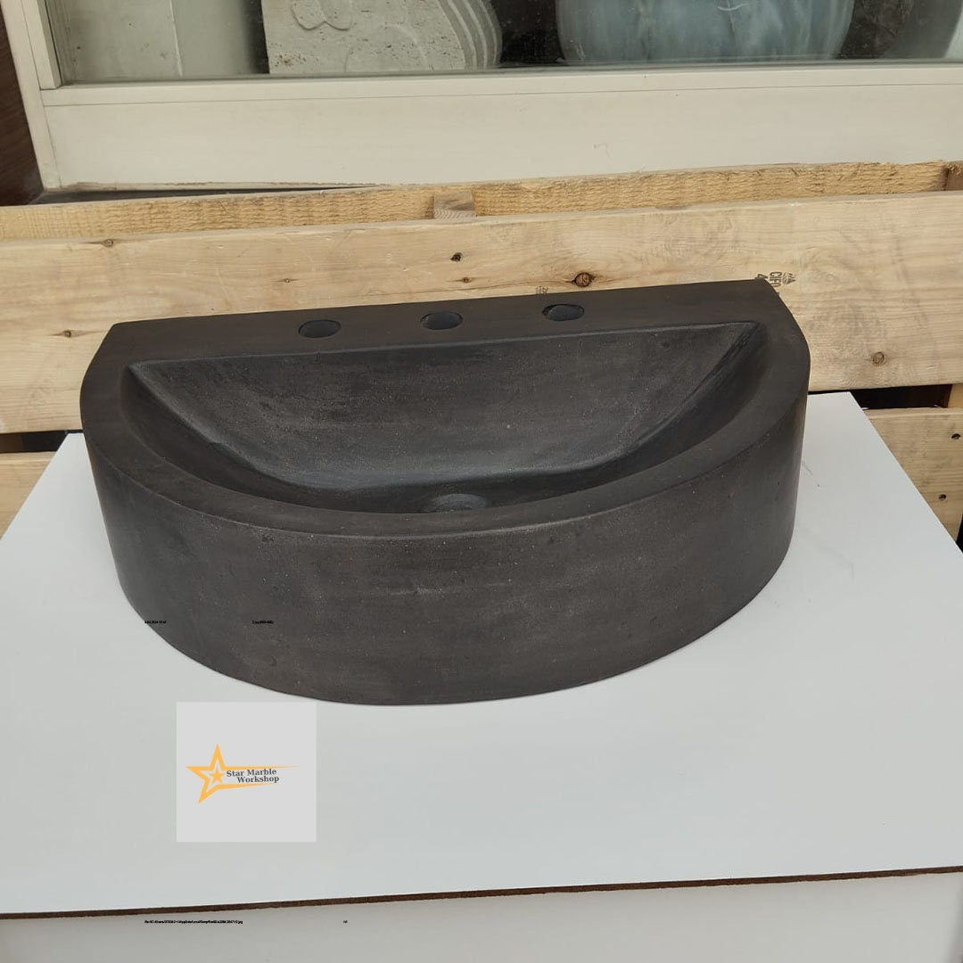 Basalt Black Stone D Design Sink With Faucet Hole 100% Natural Stone   Matte Black Sink Stone Sink Bathroom Design Sink vanity Handmade Sink