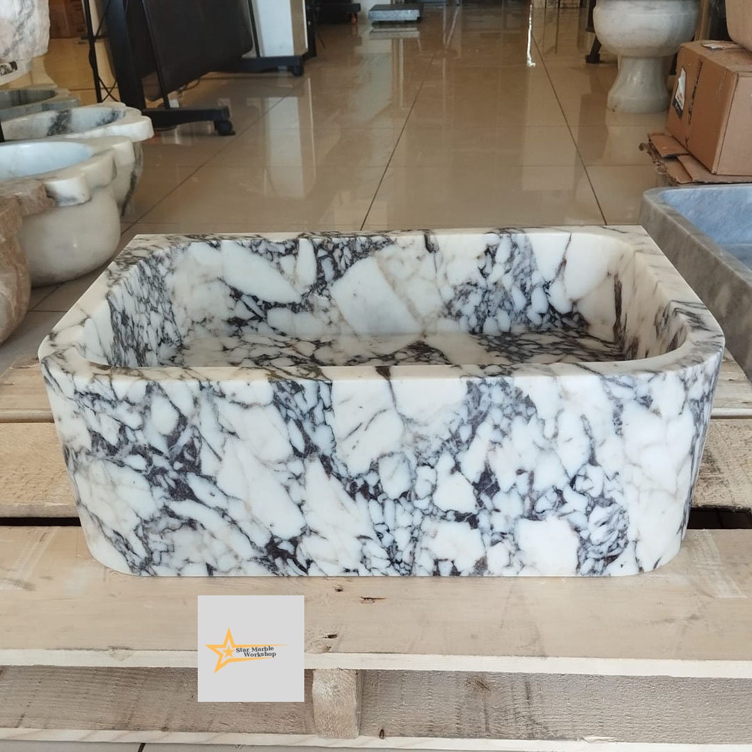 Ready To Ship Calacatta Viola Marble Sink Wall Mounted Sink Farmhouse Sink Powder Room Sink Calacatta Sink  Hand Carved Marble Sink
