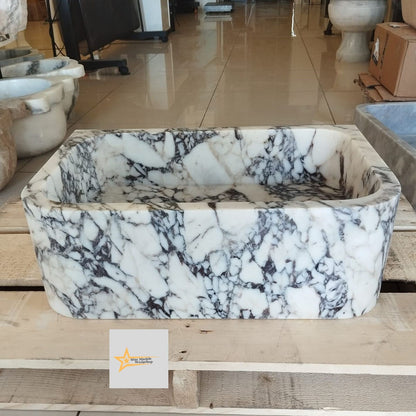 Ready To Ship Calacatta Viola Marble Sink Wall Mounted Sink Farmhouse Sink Powder Room Sink Calacatta Sink  Hand Carved Marble Sink