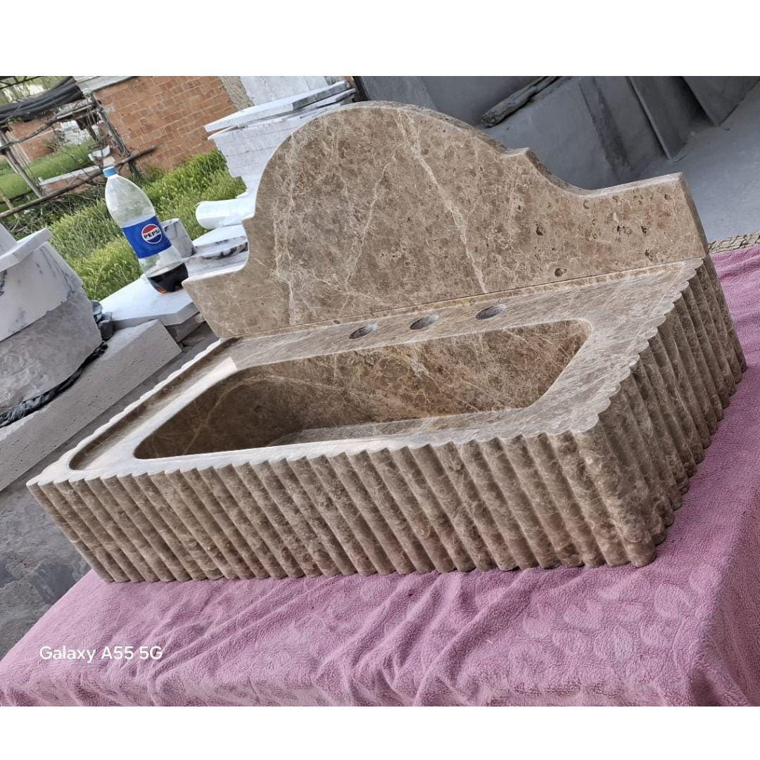 Emperador Marble Sink Wall Mounted Sink Farmhouse Sink Powder Room Sink  Hand Carved Marble Sink Concealed Drain Sink Sink vanity