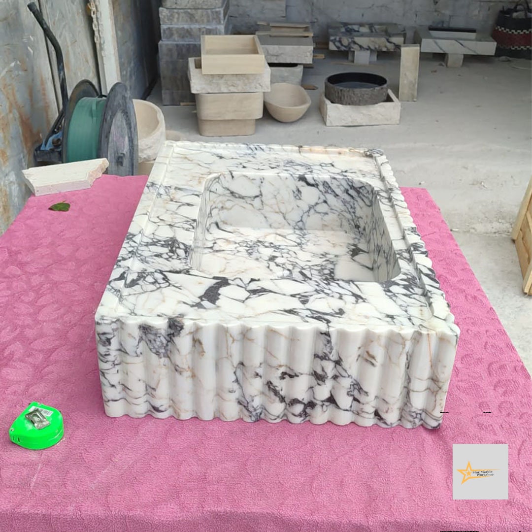 Ready To Ship Calacatta Viola Marble Sink Wall Mounted Sink Farmhouse Sink Powder Room Sink Calacatta Sink  Hand Carved Marble Sink