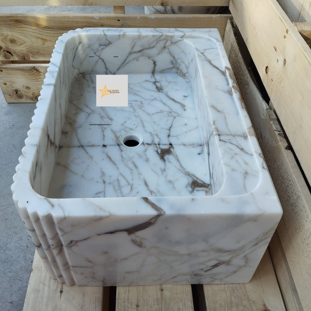 Ready To Ship Calacatta Gold Rectangular Sink Wall Mounted Sink Farmhouse Sink Powder Room Sink Calacatta Sink  Hand Carved Marble Sink