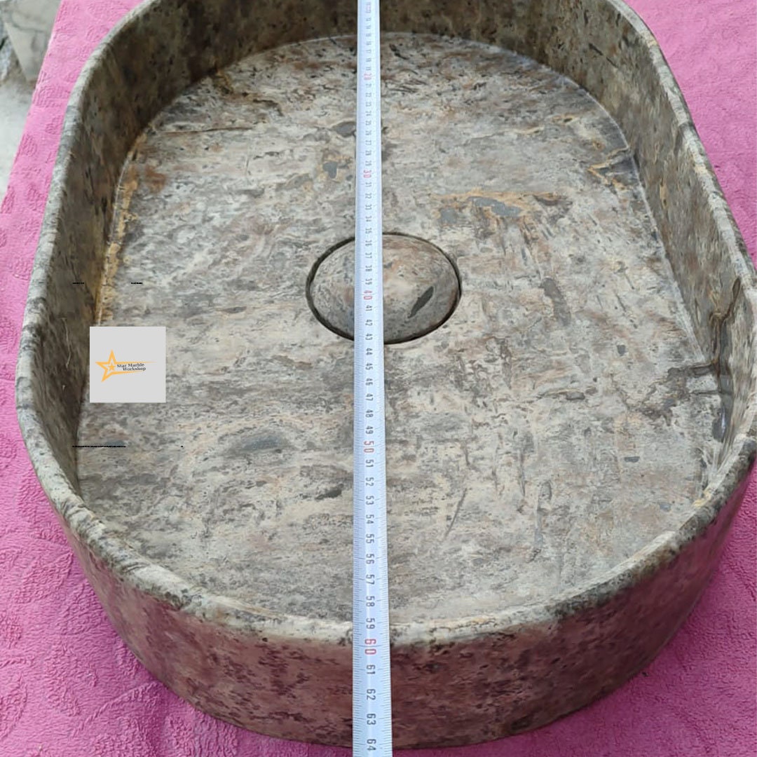 Ready to Ship Silver Travertine Sink Sink with Concealed Drain Wall Mounted Sink Oval Sink  Marble Washbasin  Hand Carved Marble Sink