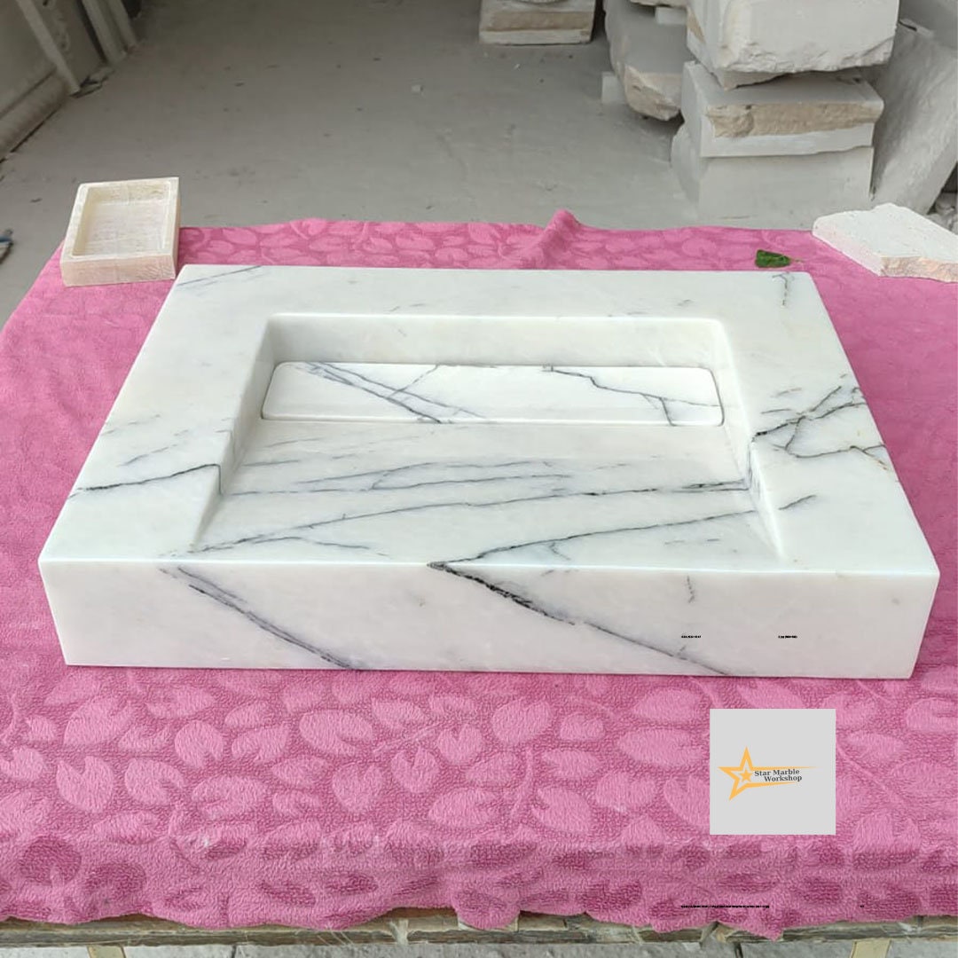 Ready To Ship Calacatta Viola Marble Sink Wall Mounted Sink Farmhouse Sink Calacatta Sink Hand Carved Marble Sink Hidden Drain Wash Basin