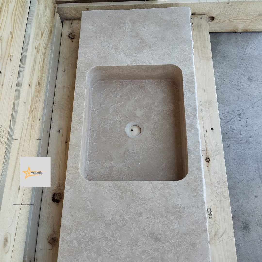 Ready to Ship Travertine Sink Wall Mounted Sink Farmhouse Sink Powder Room Sink Calacatta Sink Hand Carved Marble Sink Bathroom Sink