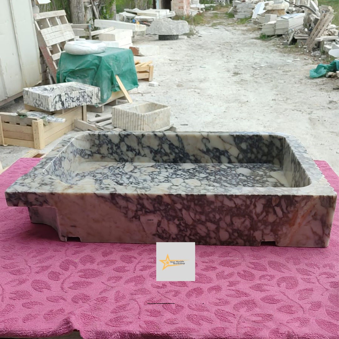 Ready To Ship Calacatta Viola Marble Sink Wall Mounted Sink Farmhouse Sink Powder Room Sink Calacatta Sink  Hand Carved Marble Sink