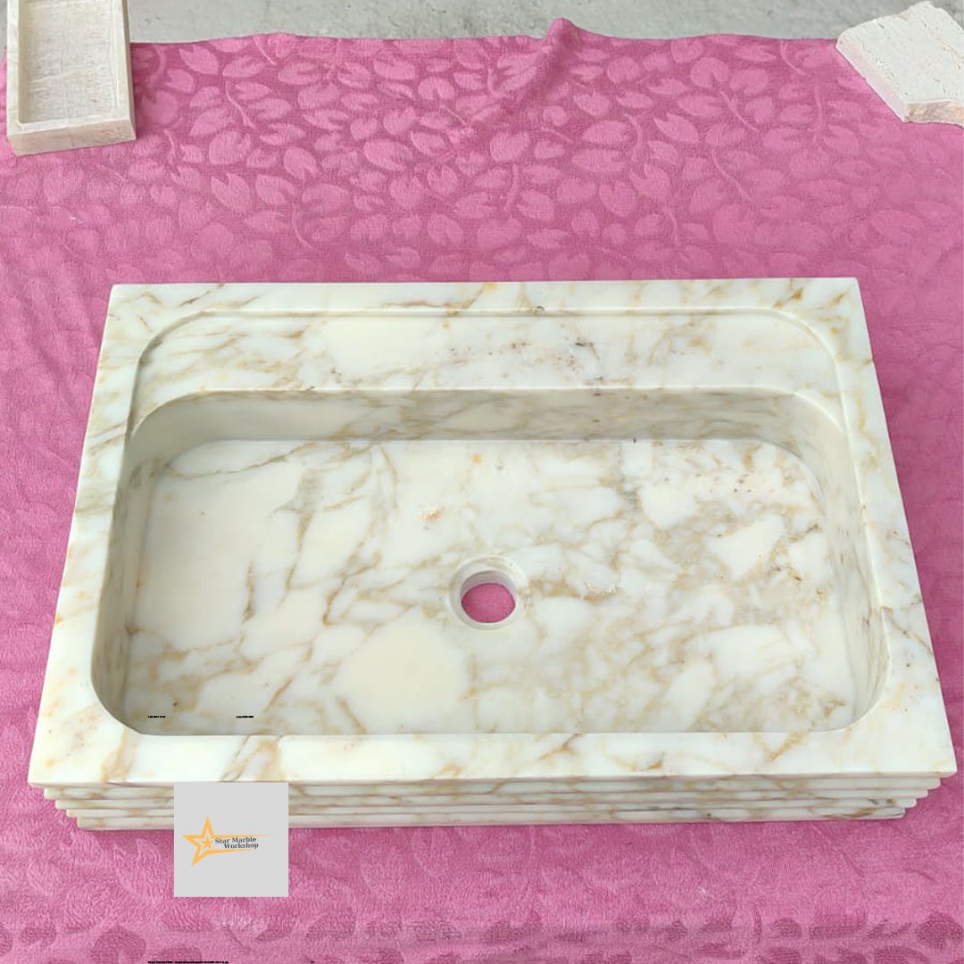 Ready To Ship Calacatta Gold Rectangular Sink Wall Mounted Sink Powder Room Sink Calacatta Sink  Hand Carved Marble Sink Marble Washbasin