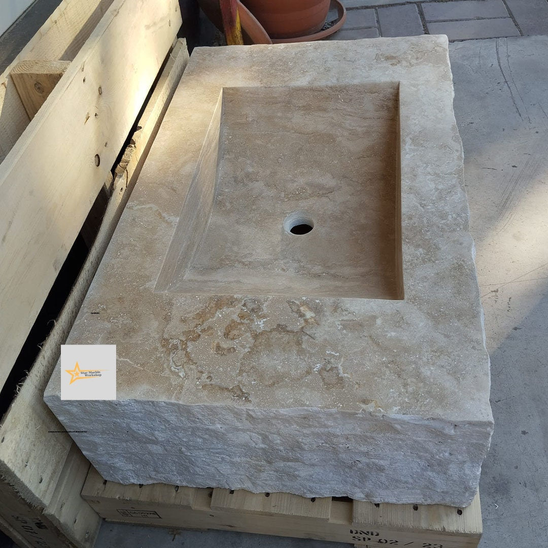 Ready to Ship Travertine  Sink Wall Mounted Sink Farmhouse Sink Powder Room Sink  Hand Carved Marble Sink Bathroom Sink natural stone sink