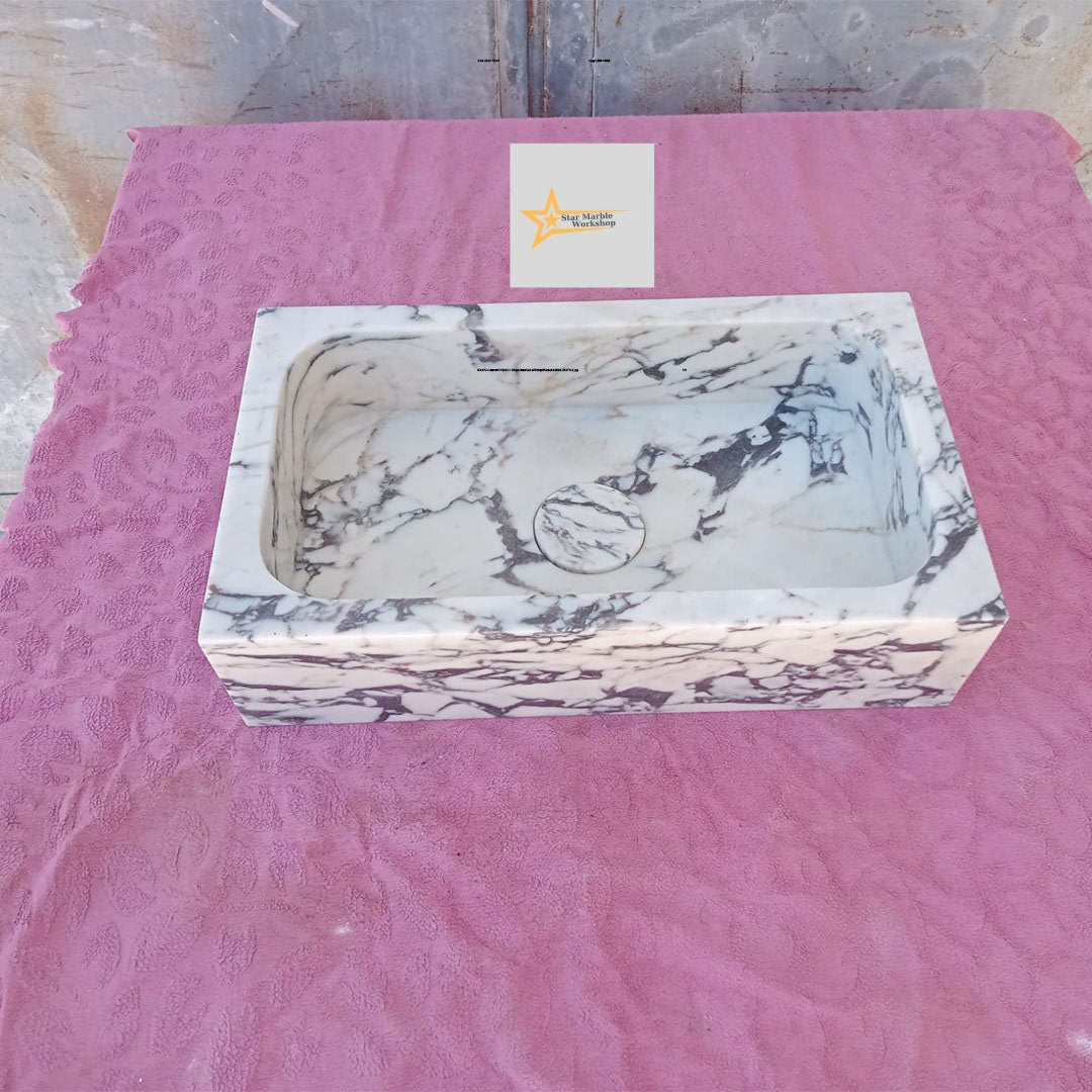 Hand Carved Calacatta Viola Marble Sink: Farmhouse Powder Room Vanity