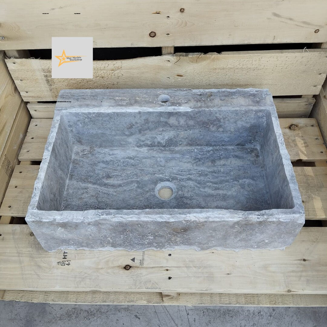 Ready to Ship Silver Travertine Sink Farmhouse Sink Powder Room Sink Hand Carved Marble Sink Bathroom Sink Natural Stone With Faucet Hole