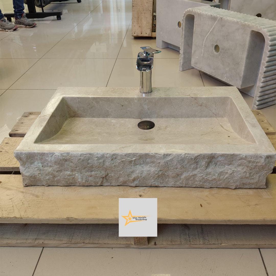 Ready to Ship Beige Marble Sink Rectangular Sink Farmhouse Sink Toilet Room Sink Hand Carved Marble Sink Faucet Hole Sink Wall Mounted Sink