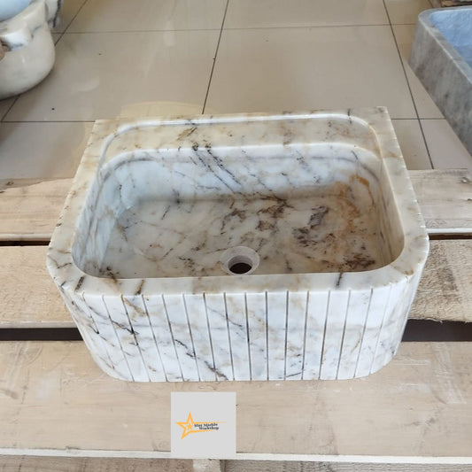 Ready To Ship Calacatta Gold Rectangular Sink Wall Mounted Sink Powder Room Sink Calacatta Sink  Hand Carved Marble Sink Marble Washbasin