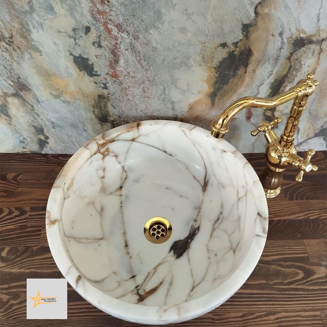 Ready to Ship Gold Calacatta Round Sink Counter Top Sink Toilet Room Sink Calacatta Sink Hand Carved Marble Sink Marble Sink Sink vanity