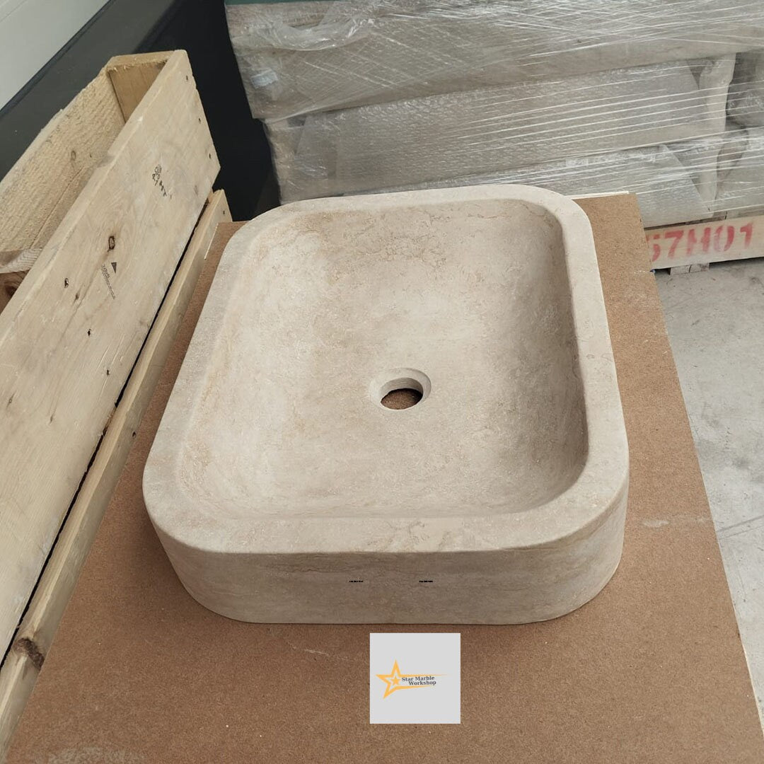 Hand Carved Travertine Marble Sink: Farmhouse Bathroom Vanity (W19.6" x D15.7" x H3.9")