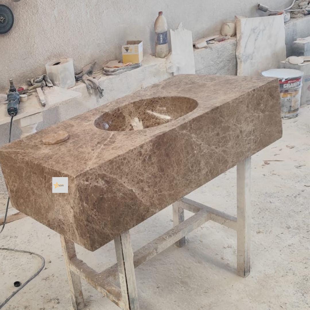 Handmade Emperador Marble Wall-Mounted Sink - Vessel Sink - chiseled sink- Luxury Minimalist Bathroom sink for bathroom