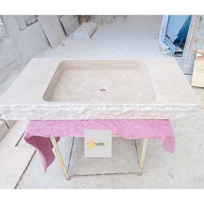Hand Carved Travertine Sink – Natural Stone Wall Mounted or Farmhouse Bathroom & Powder Room Vanity Sink
