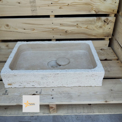 Handmade Travertine Stone Sink – Wall Mounted, Rustic & Modern Bathroom Design