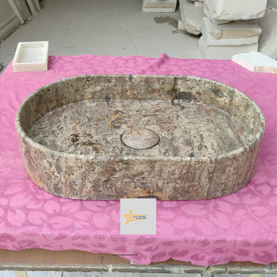 Ready to Ship Silver Travertine Sink Sink with Concealed Drain Wall Mounted Sink Oval Sink  Marble Washbasin  Hand Carved Marble Sink