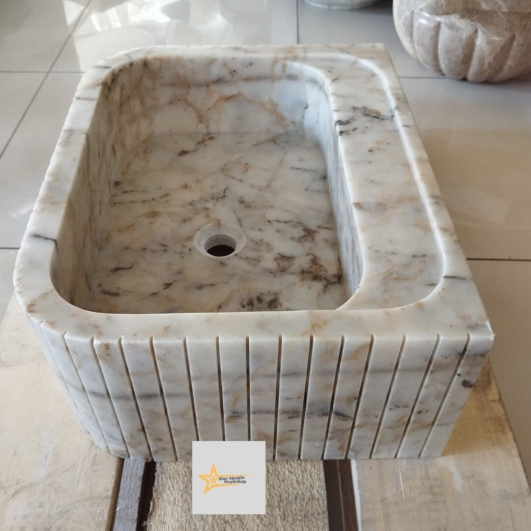 Ready To Ship Calacatta Gold Rectangular Sink Wall Mounted Sink Powder Room Sink Calacatta Sink  Hand Carved Marble Sink Marble Washbasin
