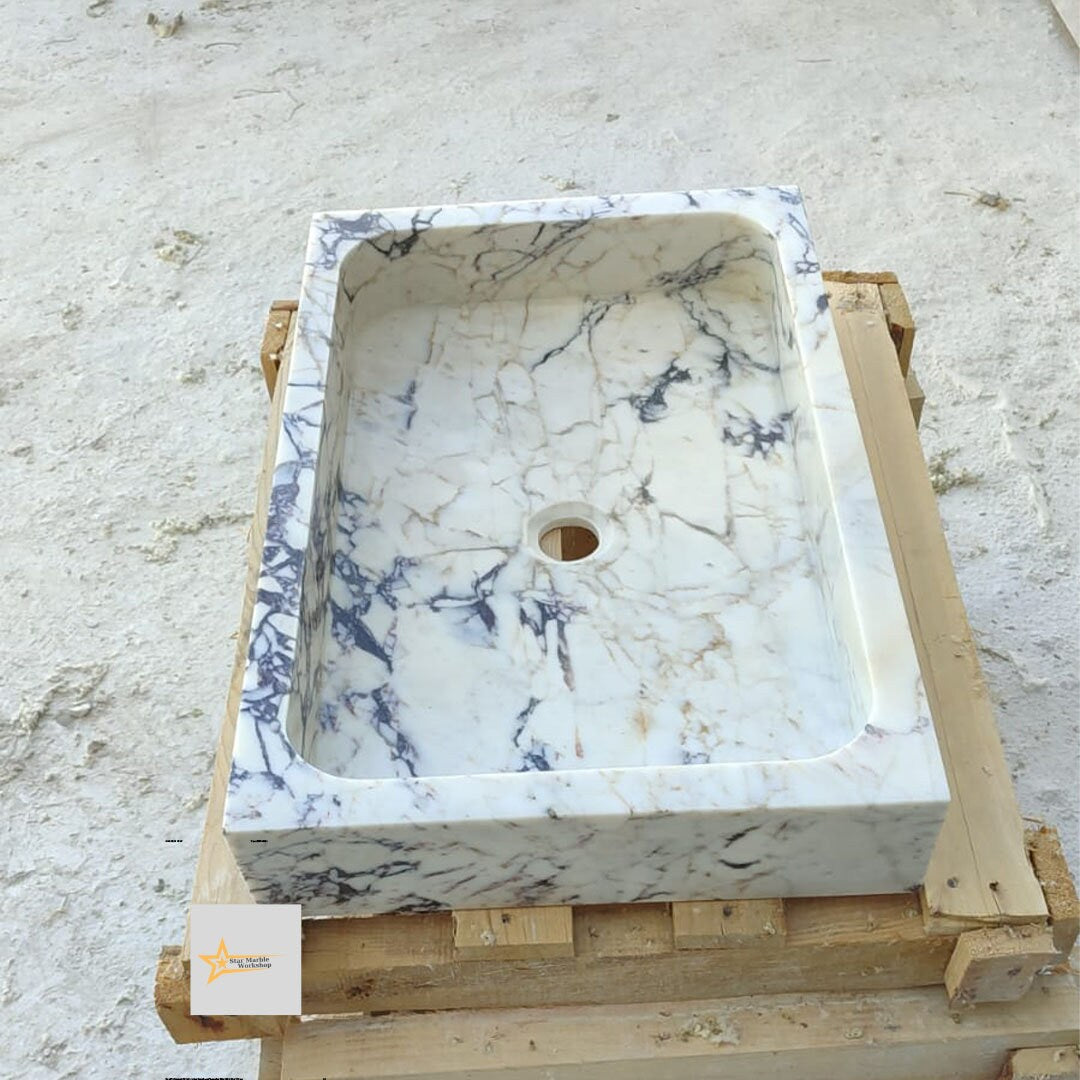 Ready to Ship Calacatta Viola Marble Sink Counter Top Sink Farmhouse Sink Powder Room Sink Calacatta Sink Hand Carved Marble Sink