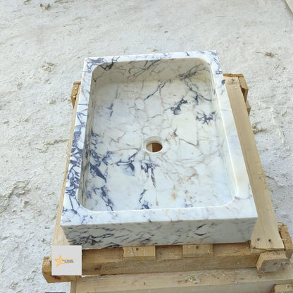 Ready to Ship Calacatta Viola Marble Sink Counter Top Sink Farmhouse Sink Powder Room Sink Calacatta Sink Hand Carved Marble Sink