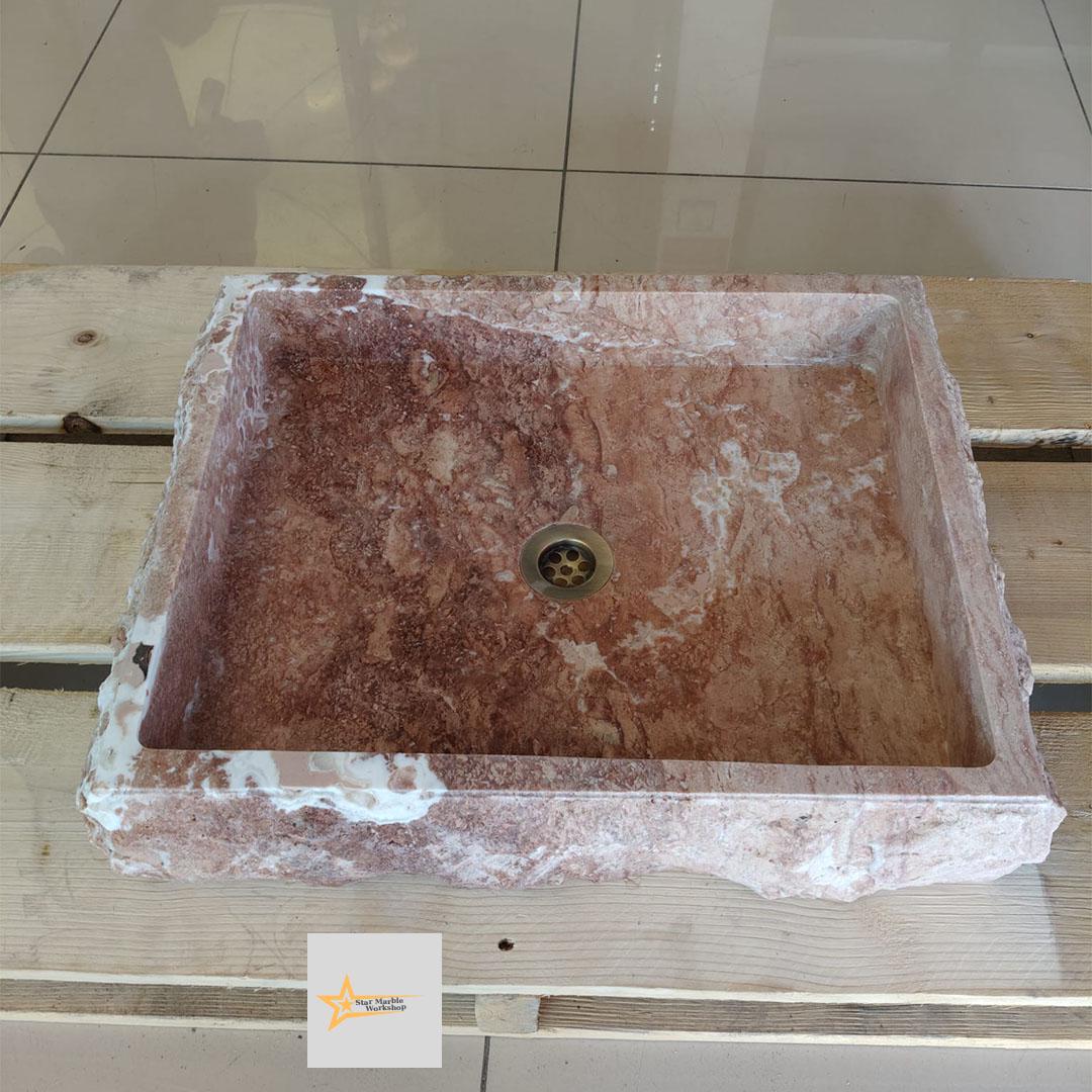 Ready to Ship Red Travertine Sink Farmhouse Sink Powder Room Sink Hand Carved Marble Sink Bathroom Sink Natural Stone With Faucet Hole