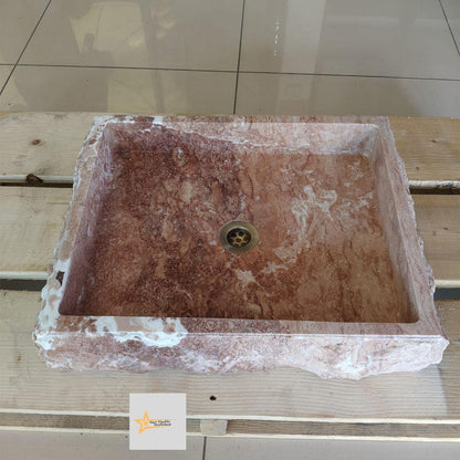 Ready to Ship Red Travertine Sink Farmhouse Sink Powder Room Sink Hand Carved Marble Sink Bathroom Sink Natural Stone With Faucet Hole
