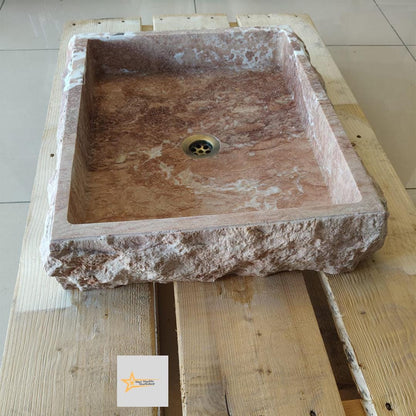 Ready to Ship Red Travertine Sink Farmhouse Sink Powder Room Sink Hand Carved Marble Sink Bathroom Sink Natural Stone With Faucet Hole