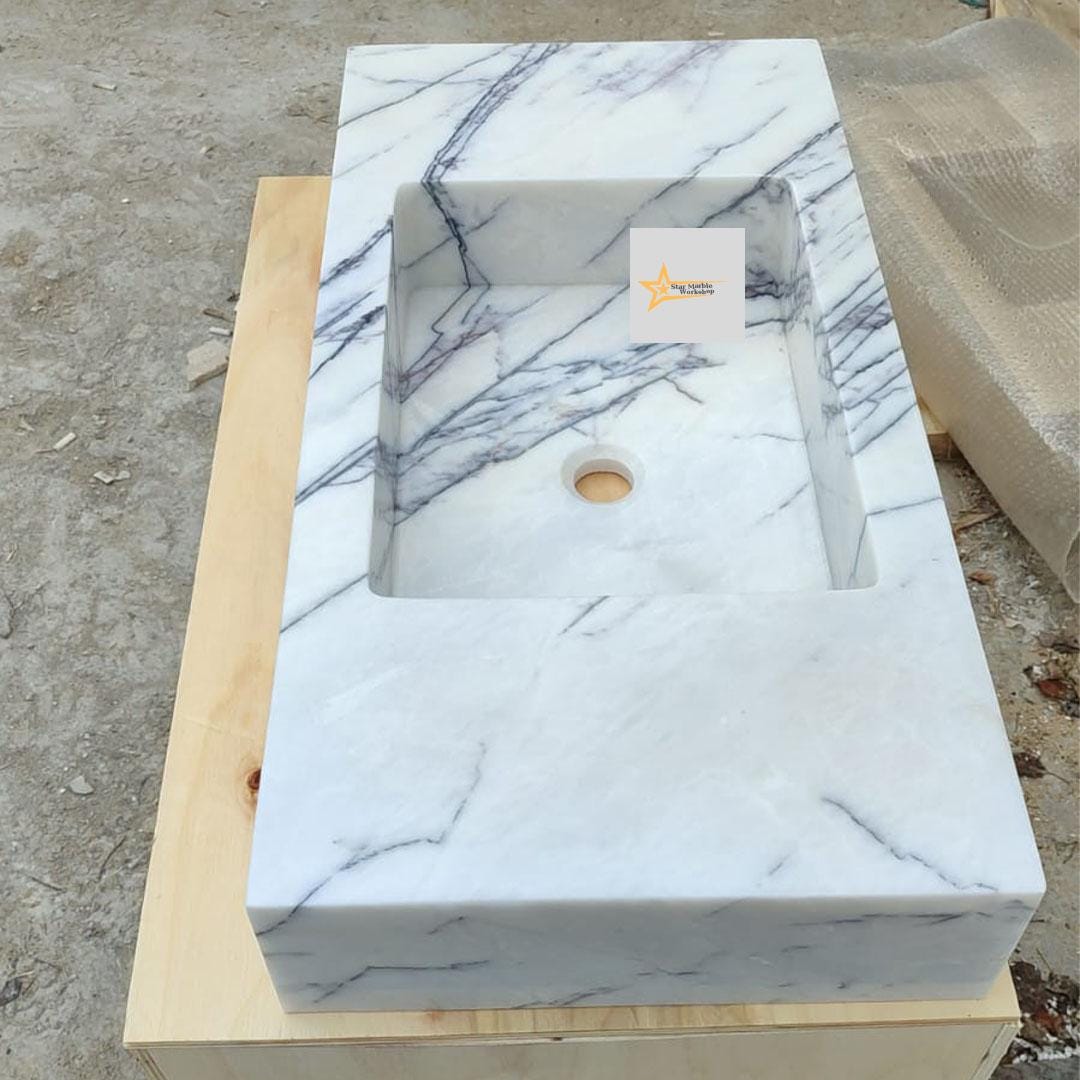 Calacatta Lilac Rectangular Sink, Wall Mounted Sink, Farmhouse Sink, Powder Room Sink, Calacatta Sink, Hand Carved Marble Sink, Sink