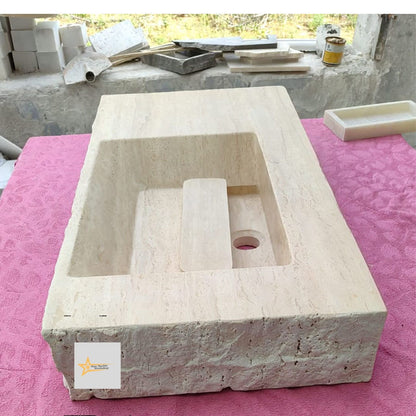 Handmade Travertine Stone Sink – Wall Mounted, Rustic & Modern Bathroom Design
